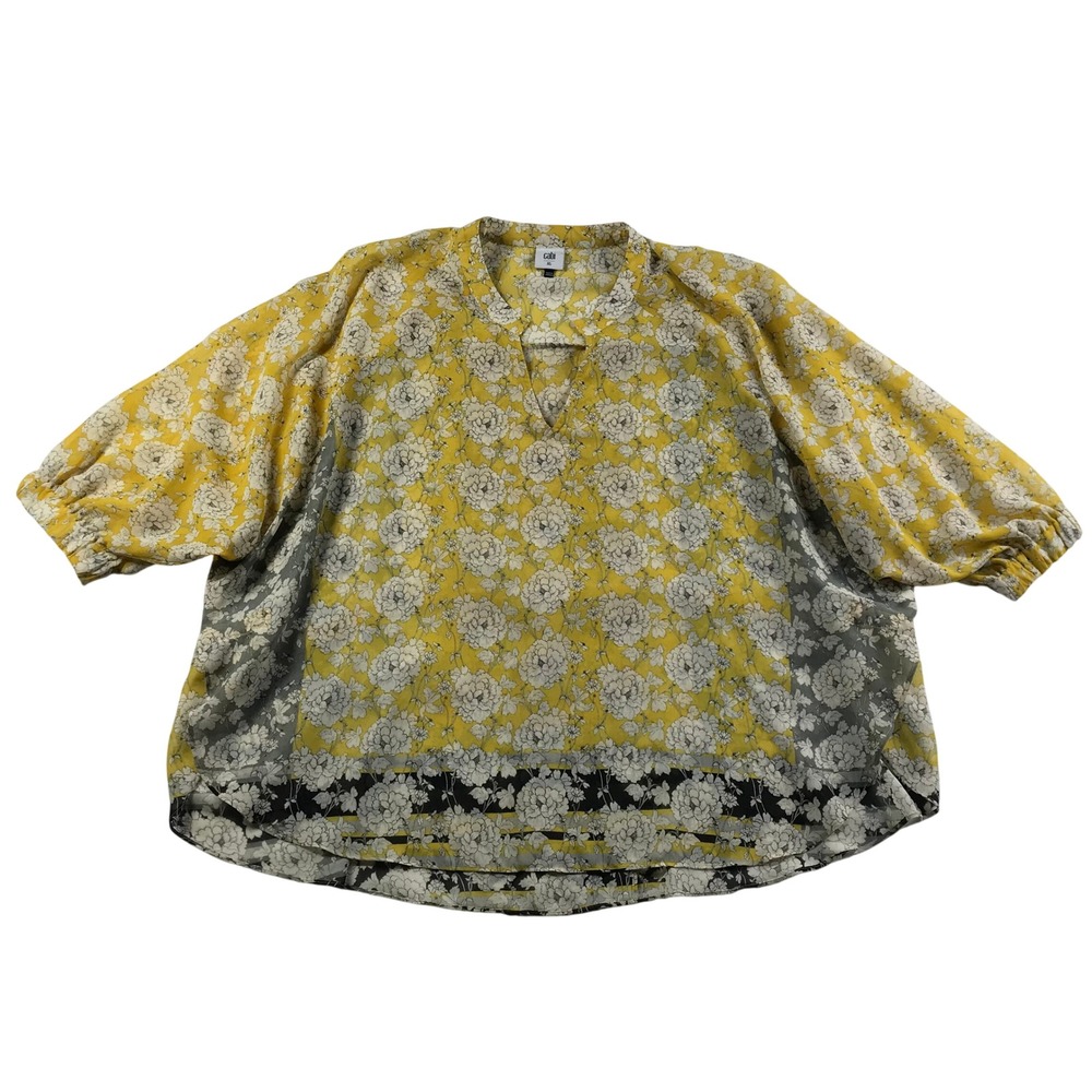 Cabi 5713 Yellow Floral Split Neck Blouse Relaxed Fit 3/4 Sleeve XL